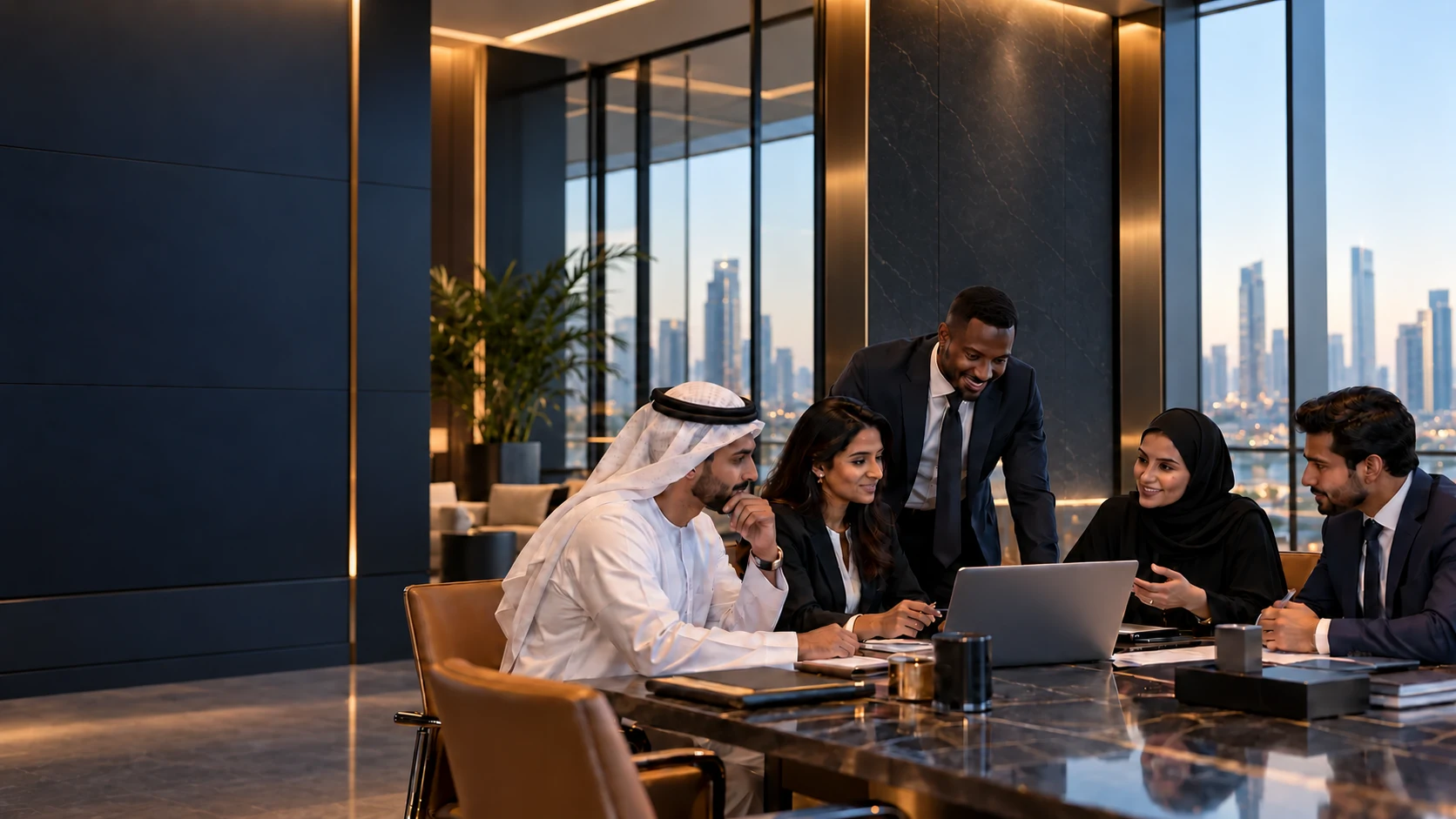 Illustrative corporate meeting in a premium office